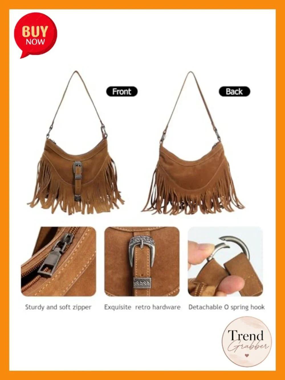 Vegan Suede Fringe Hobo Shoulder Crossbody Bag with Tassel